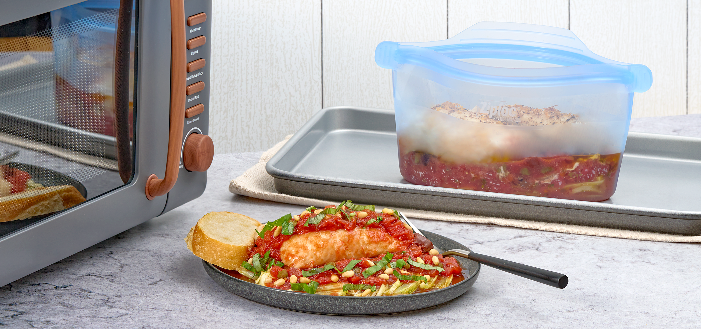 Sicilian-style braised Halibut served with toasted bread in a Ziploc® Endurables™ Container