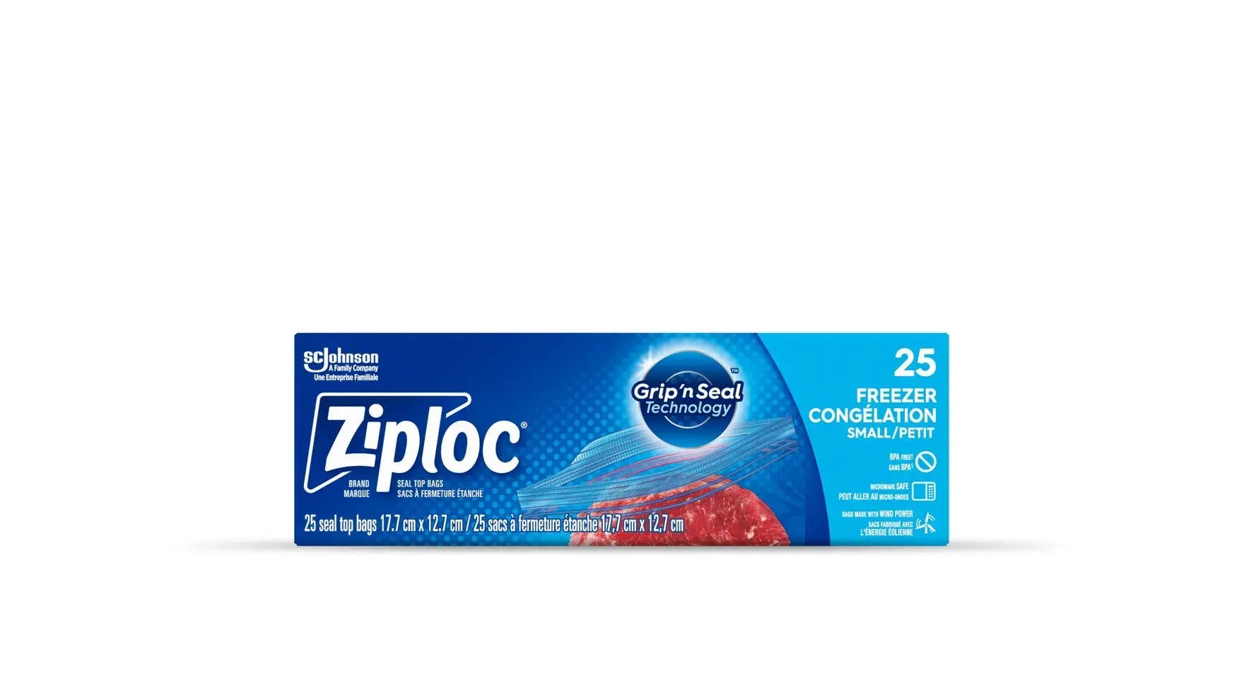 Front of Ziploc small freezer bags box.