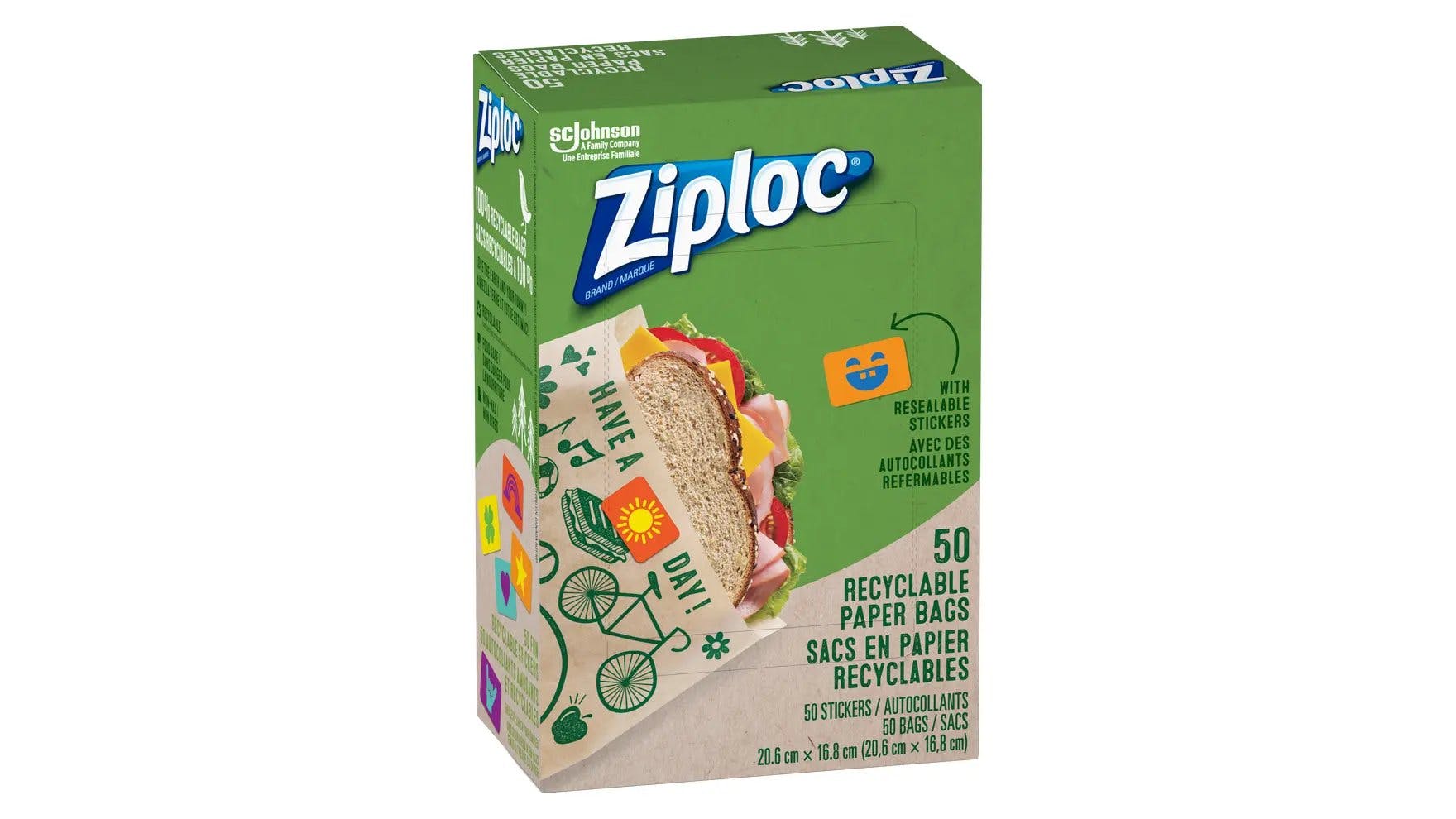 Angle de la boîte de sacs en papier recyclables Ziploc.