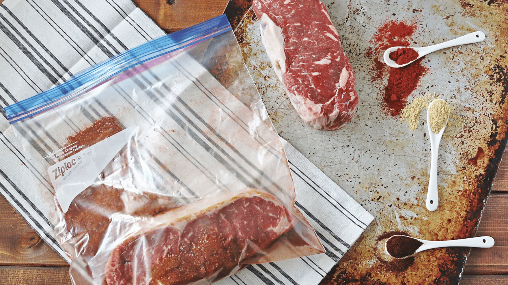 Close up of smoked paprika dry-rubbed steak in Ziplog bag