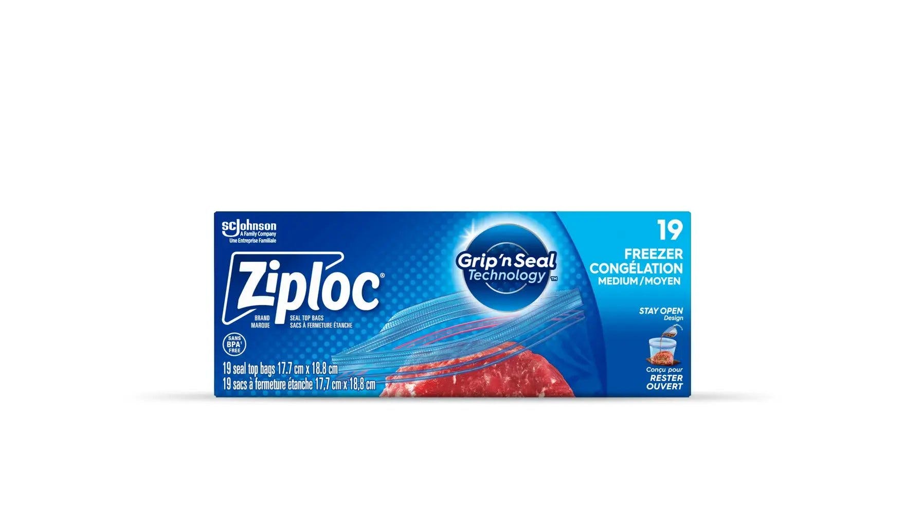 Front of Ziploc medium freezer bags box