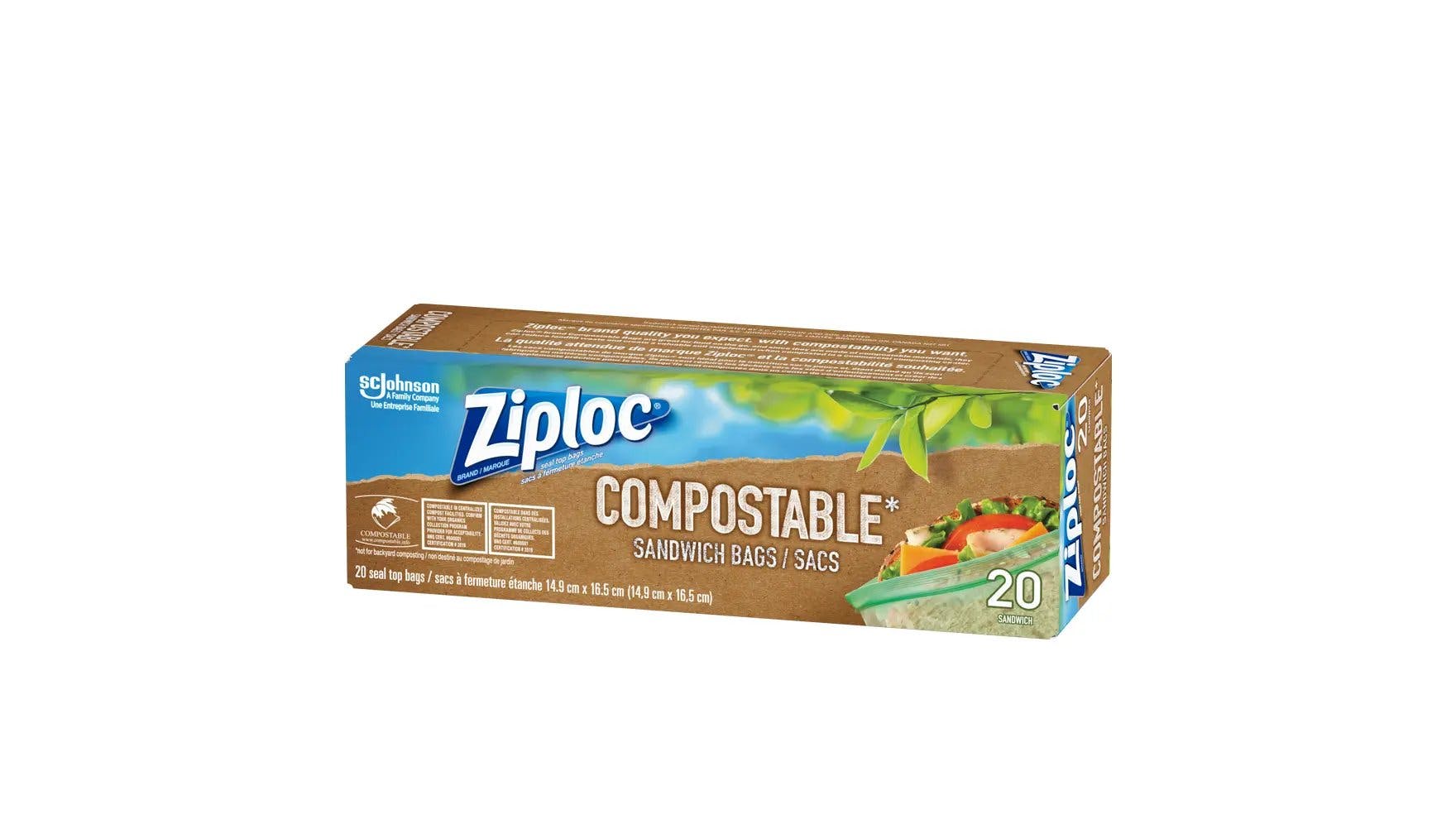 Top of Ziploc compostable sandwich bags box.