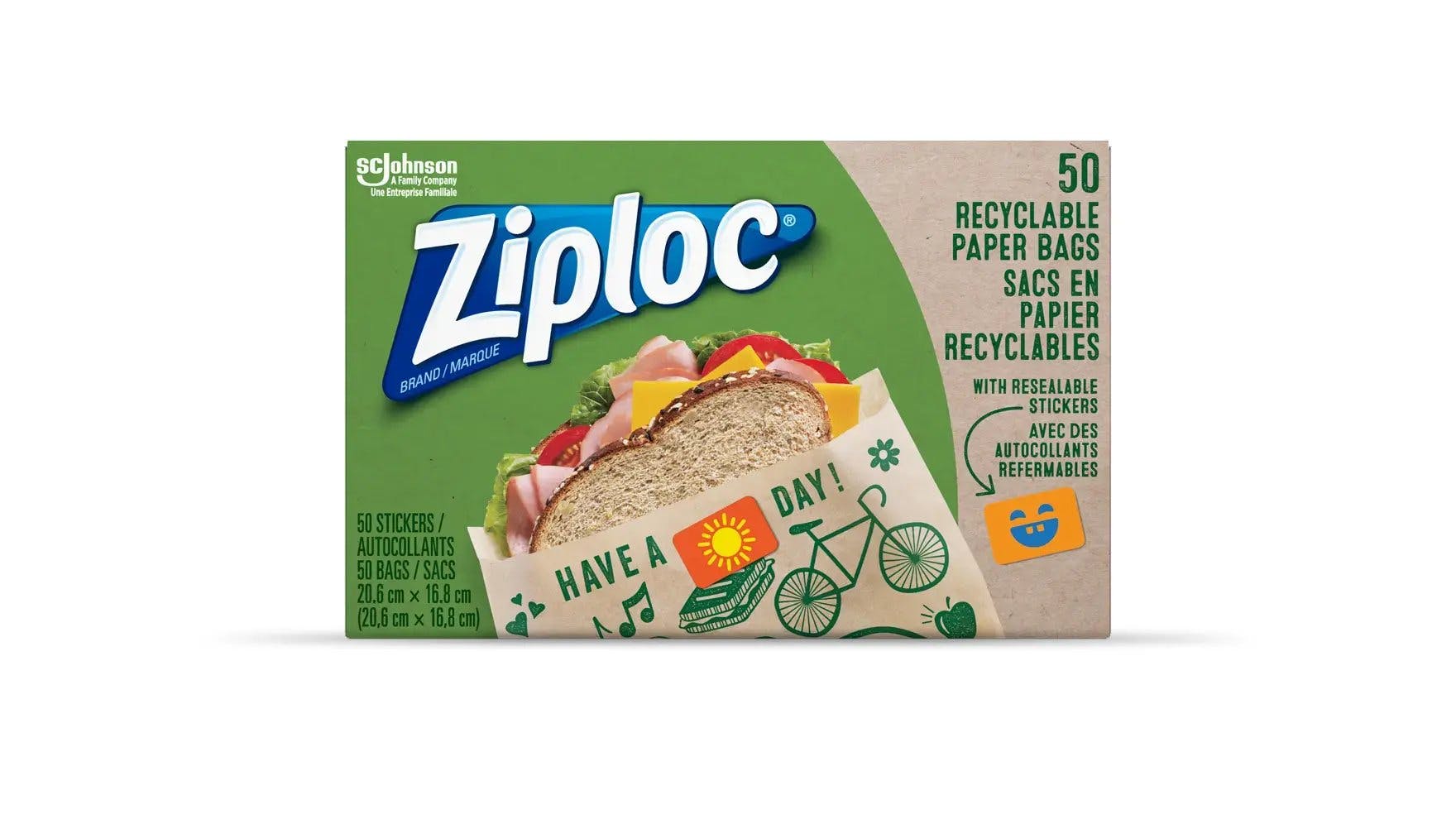 Devant de la boîte de sacs en papier recyclables Ziploc.