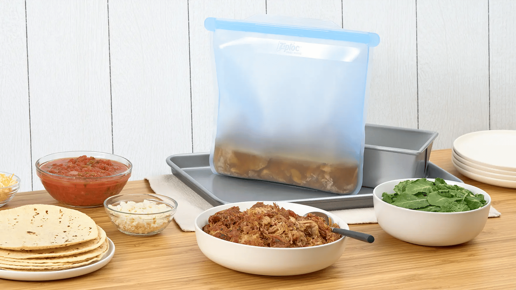 Authentic and crispy pork carnitas served within wam tortillas in a Ziploc® Endurables™ Pouch