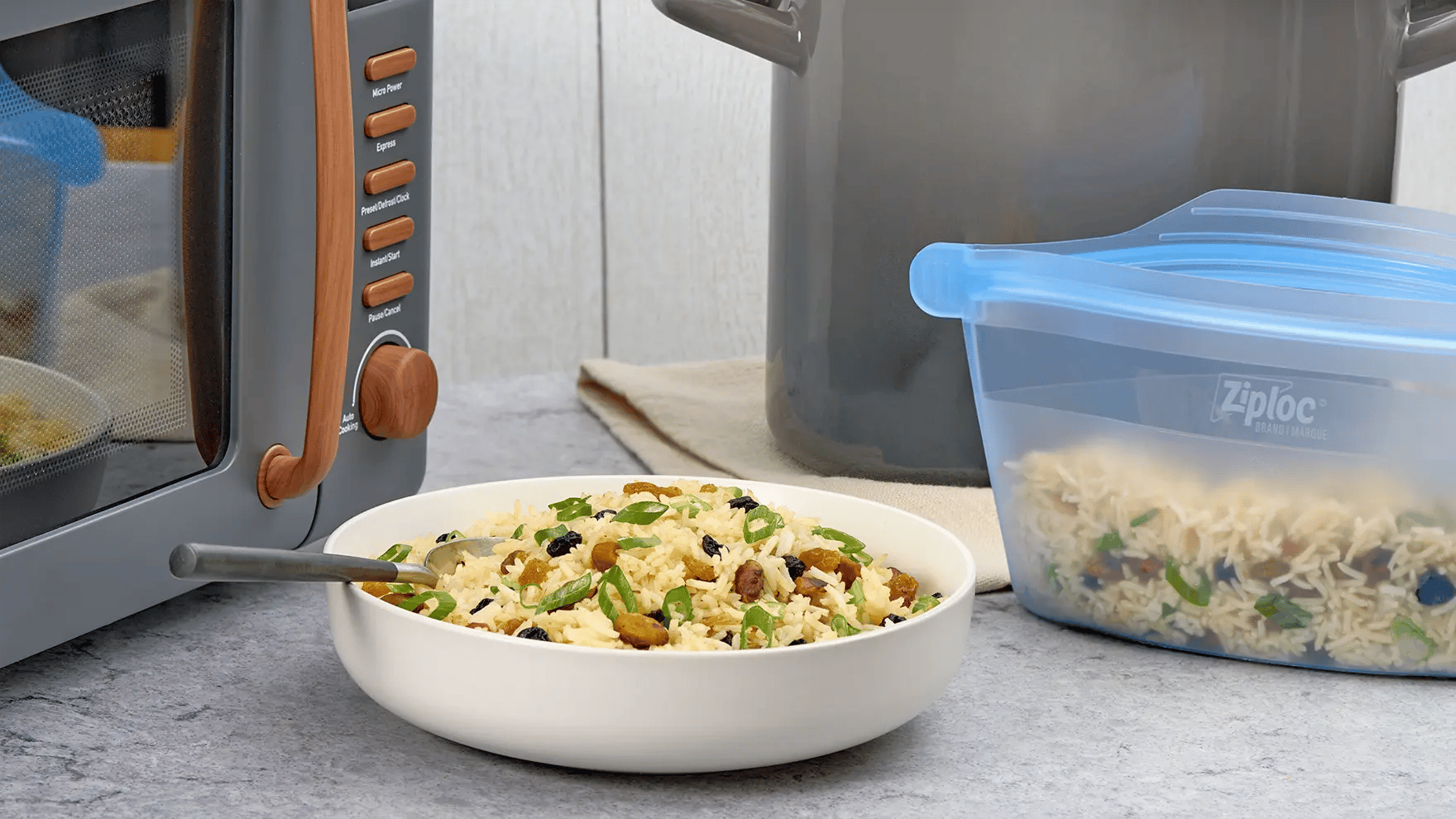 An assorted basmati rice pilaf recipe made with mixed nuts, raisins and currants - served in a Ziploc® Container