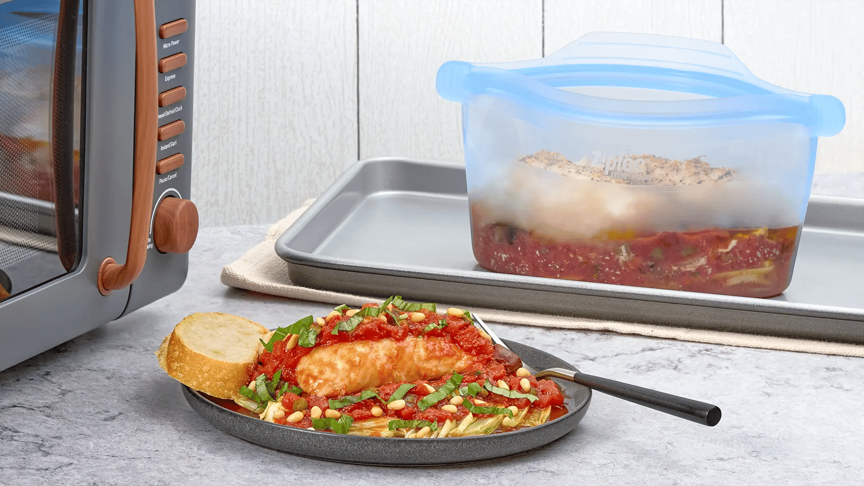 Sicilian-style braised Halibut served with toasted bread in a Ziploc® Endurables™ Container