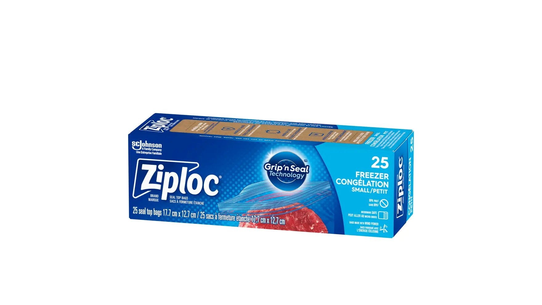 Angle of Ziploc small freezer bags box