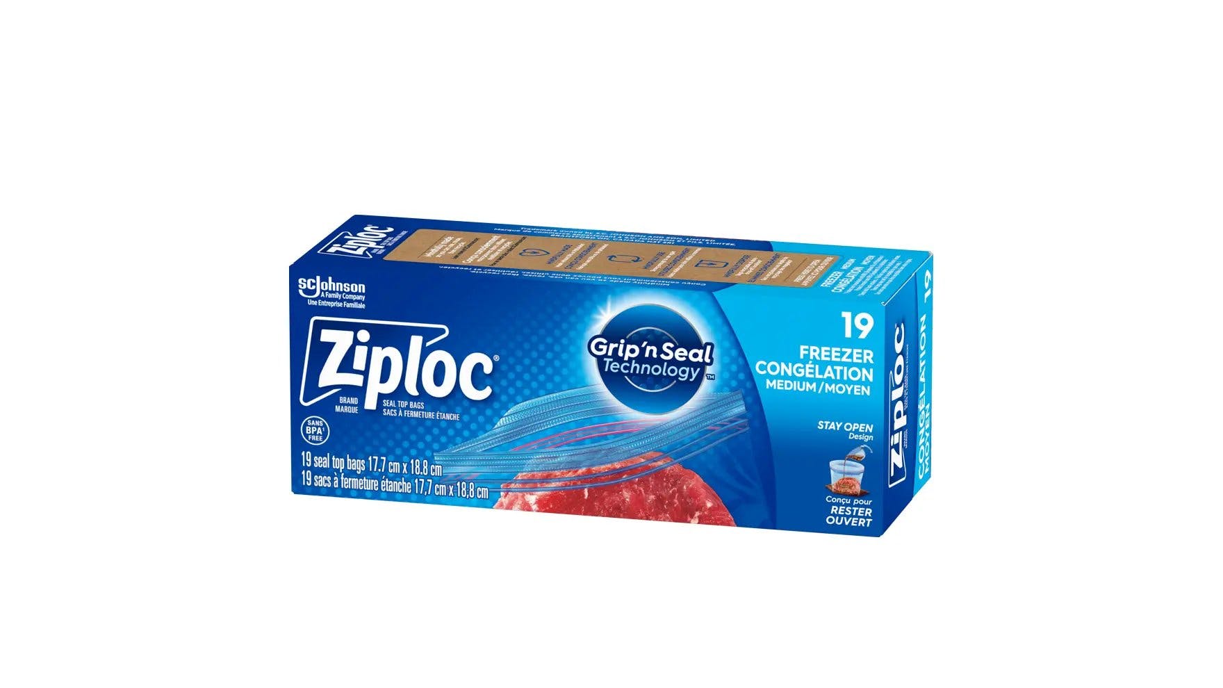 Angle of Ziploc medium freezer bags box