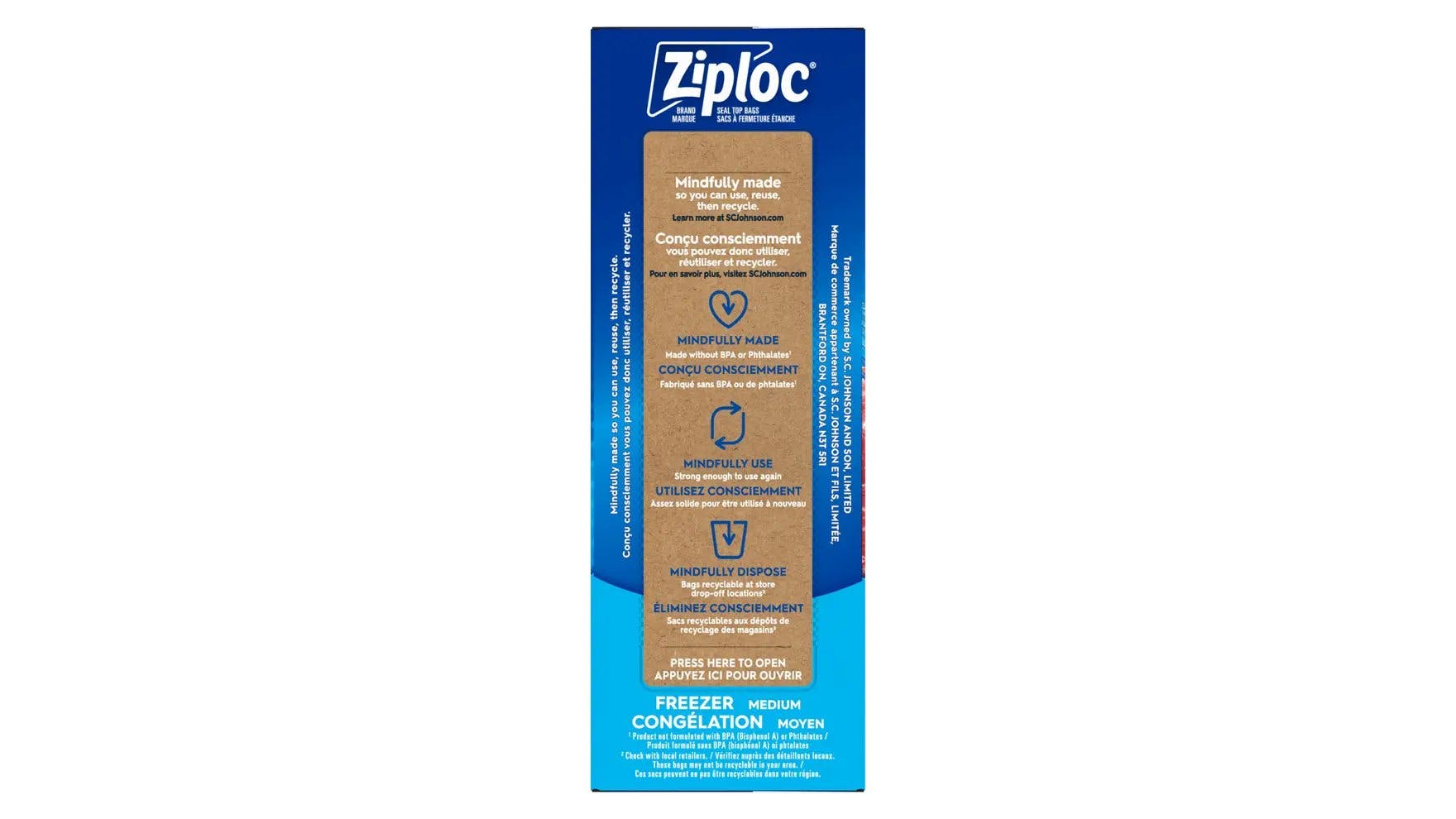 Top of Ziploc medium freezer bags box