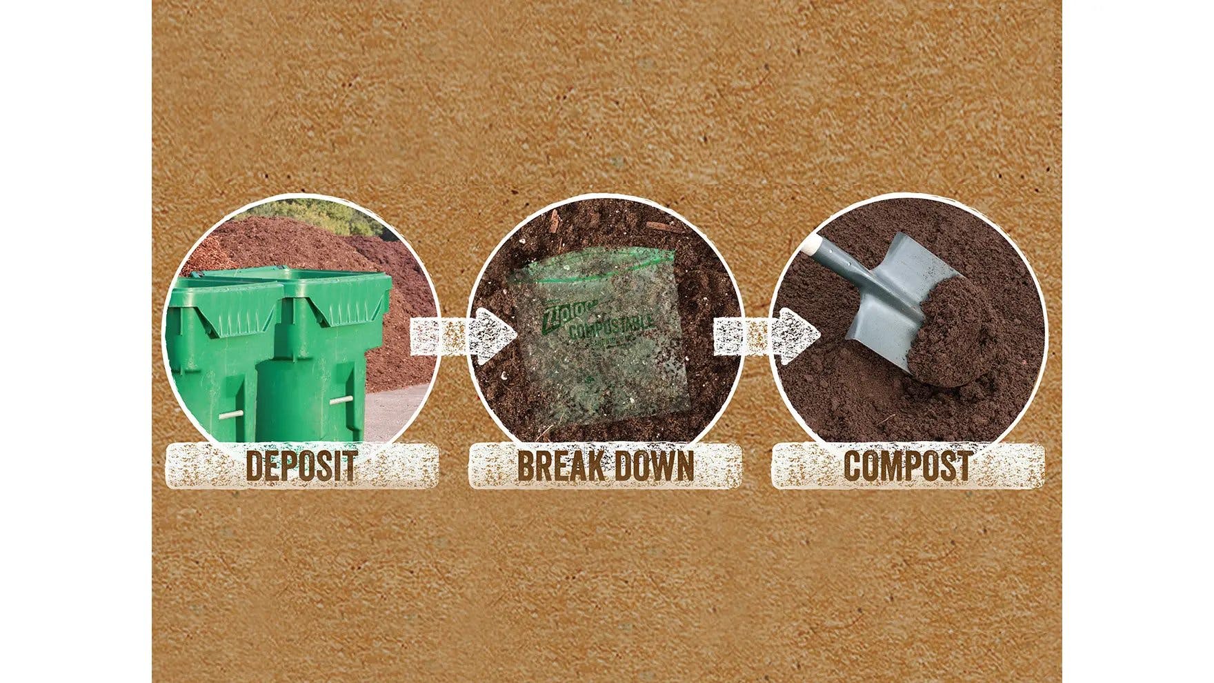 Trois cercles montrant le cycle de vie d'un sac à sandwich compostable ZIploc® : Dépôt, Dépannage et Compost
