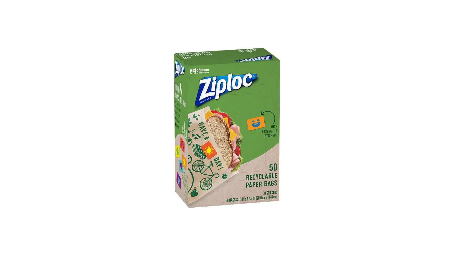 Angle of Ziploc recyclable paper bags box.