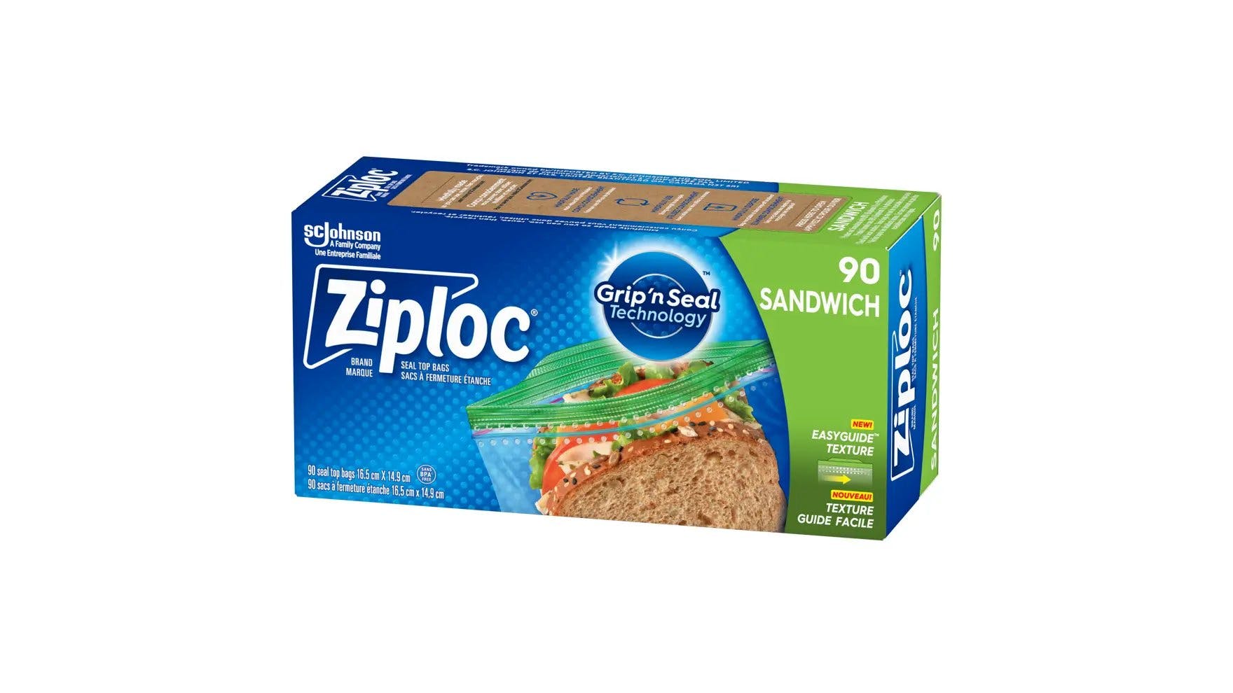 Angle de la boîte de sacs à sandwich Ziploc.
