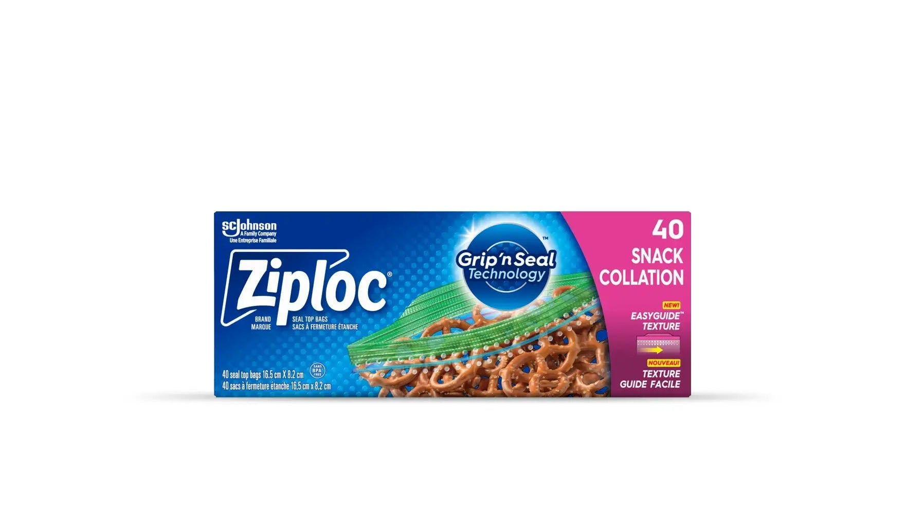 Front of Ziploc snack bag box