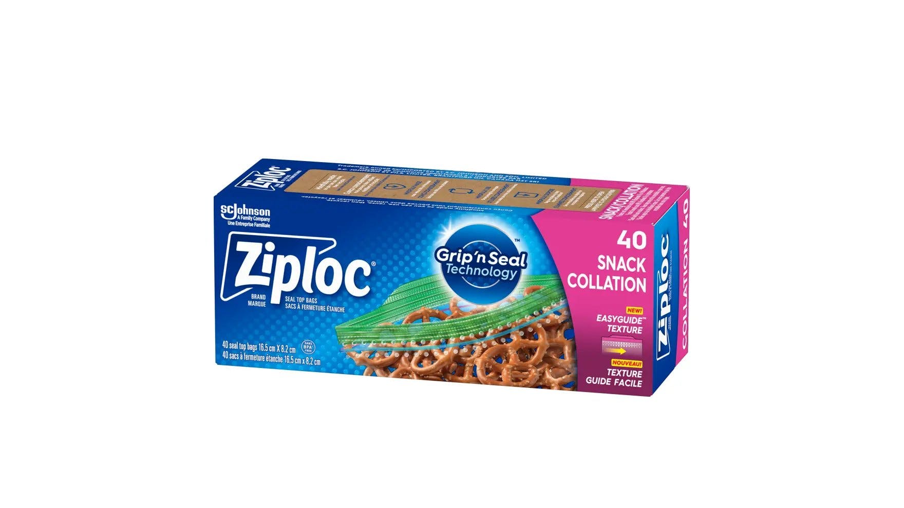 Angle of Ziploc snack bags box