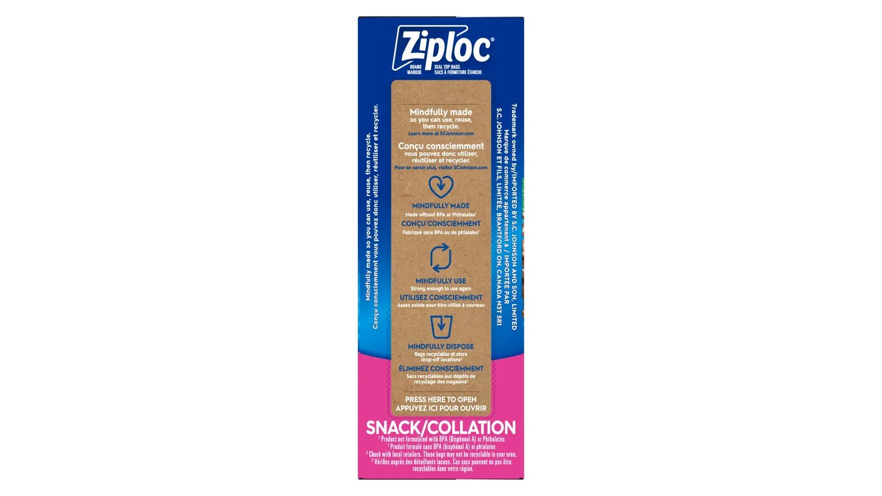 Top of Ziploc snack bags box