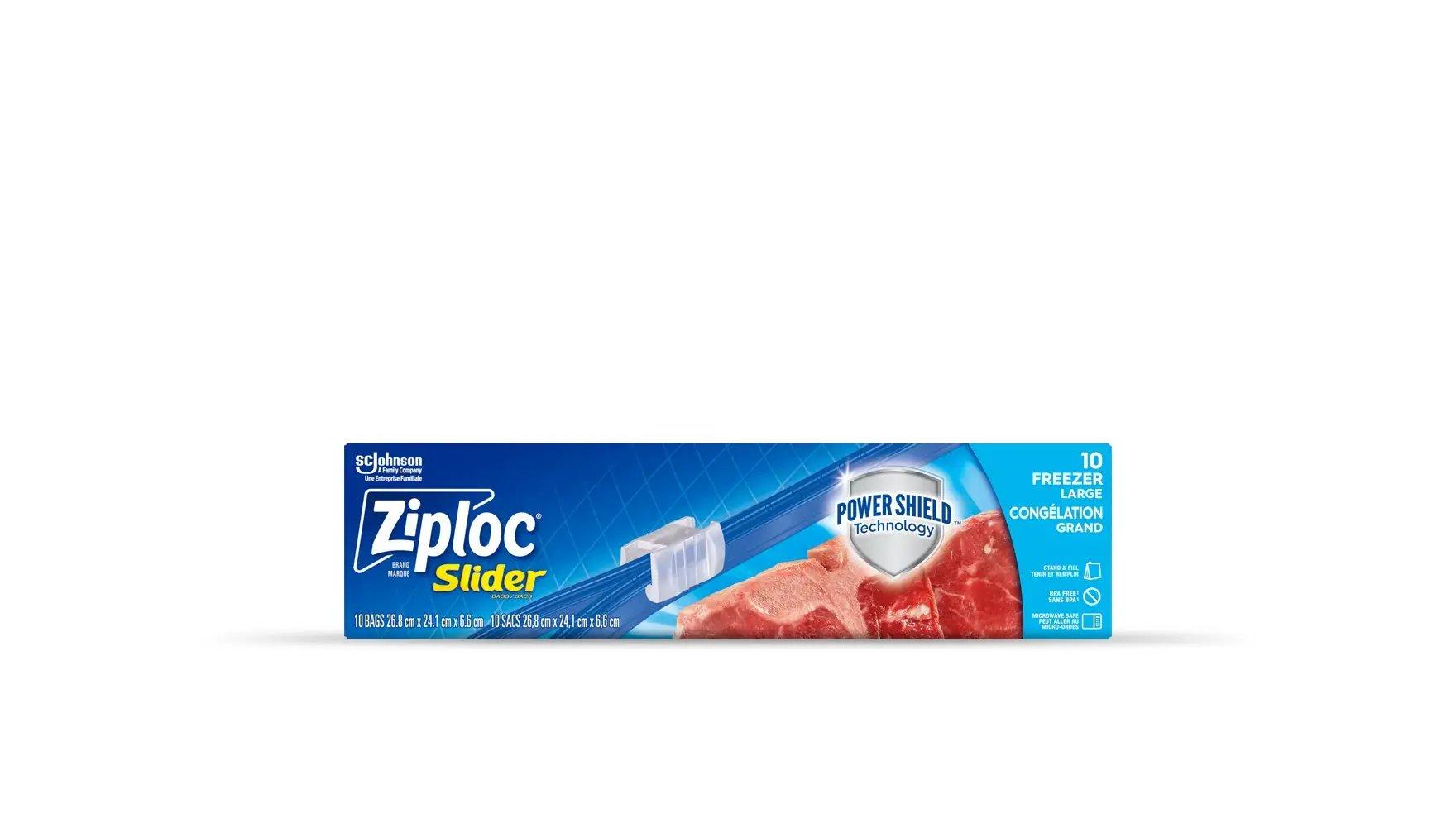 Front of Ziploc large gallon slider freezer bags box.