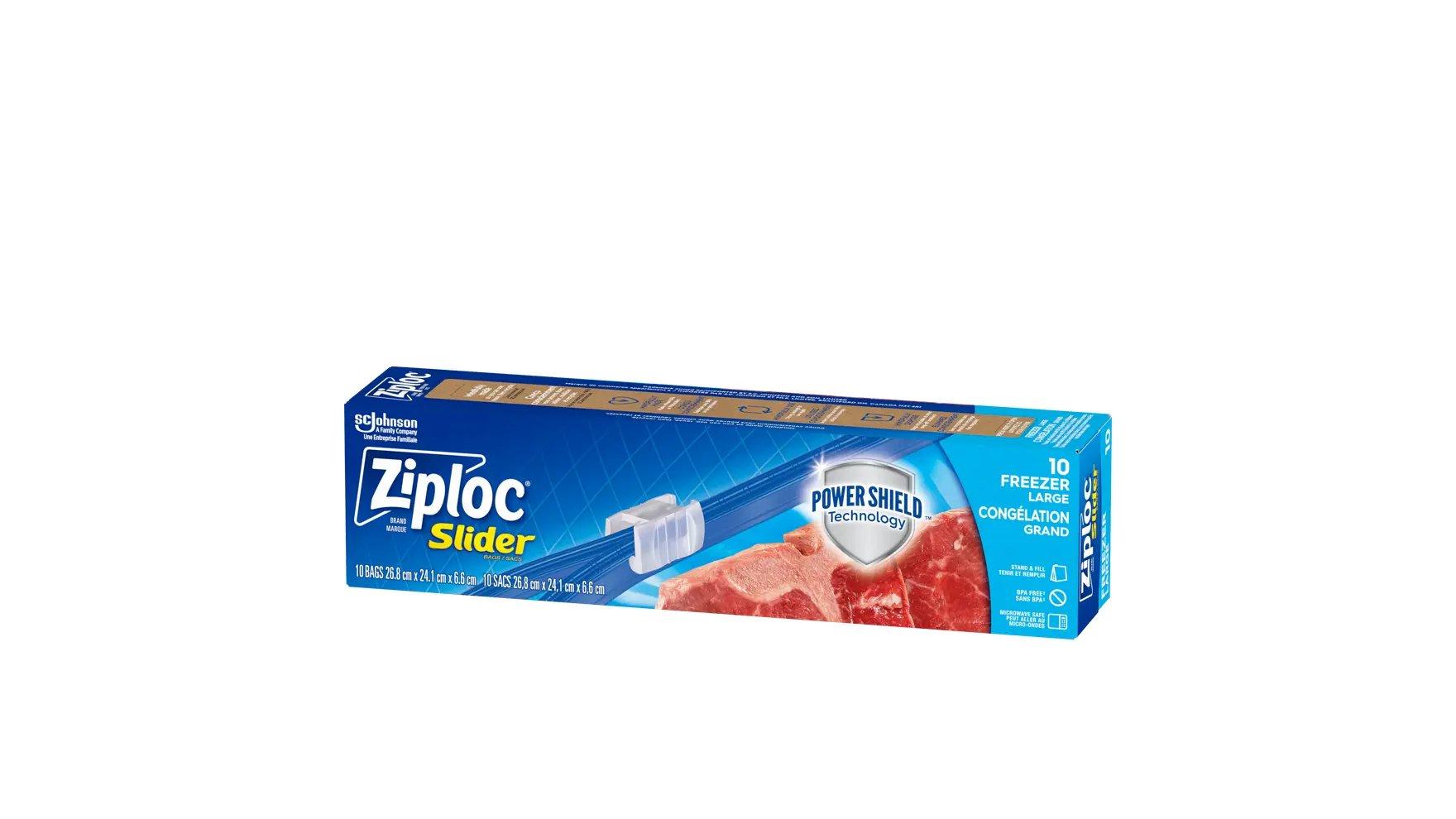 Angle of Ziploc large gallon slider freezer bags box.