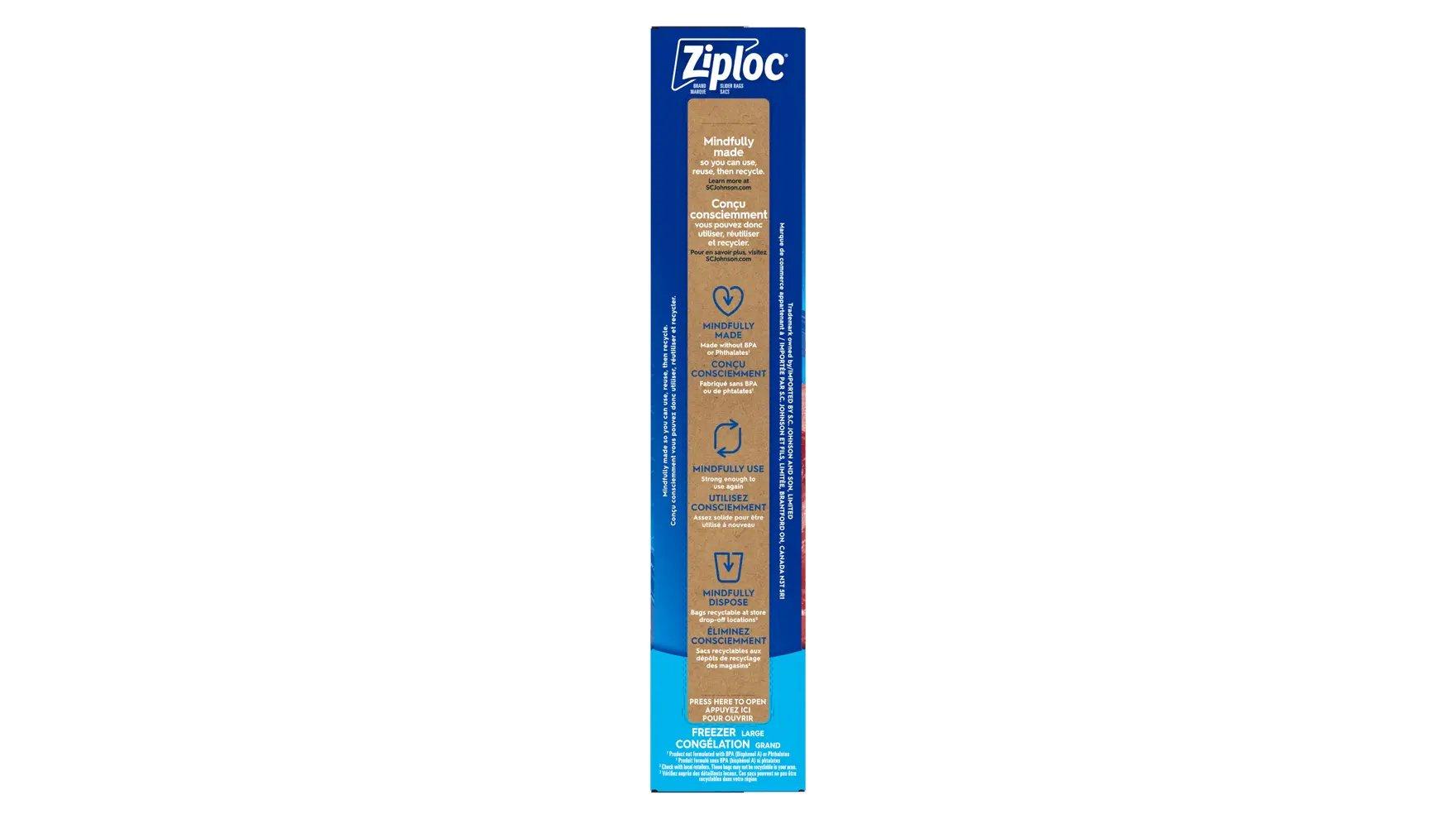 Top of Ziploc large gallon slider freezer bags box.