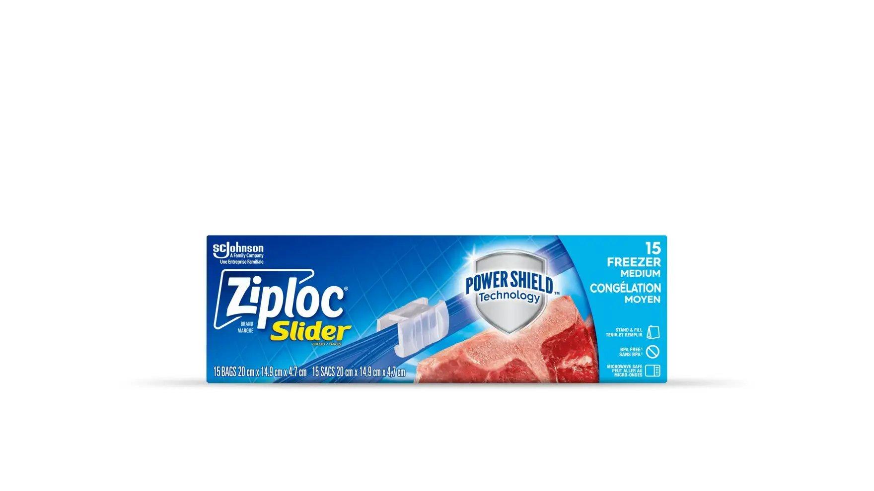 Front of Ziploc medium freezer slider bags box.