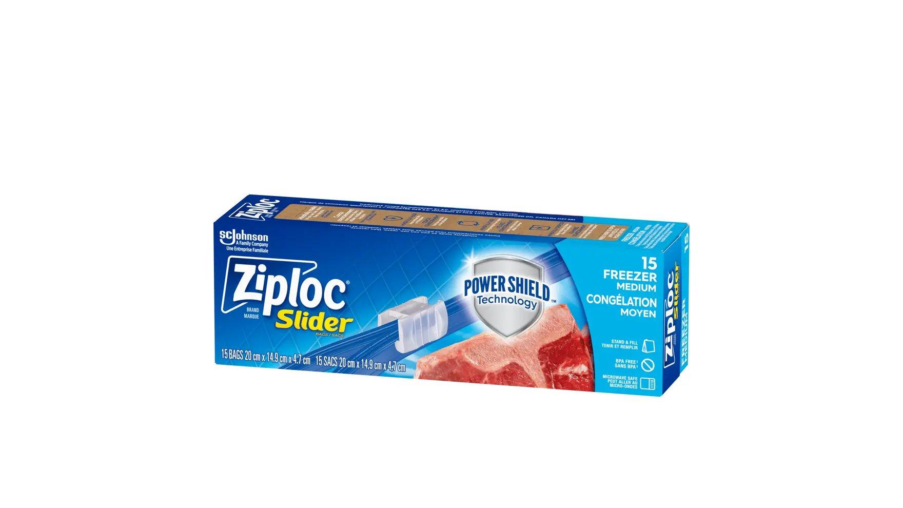 Angle of Ziploc medium freezer slider bags box.