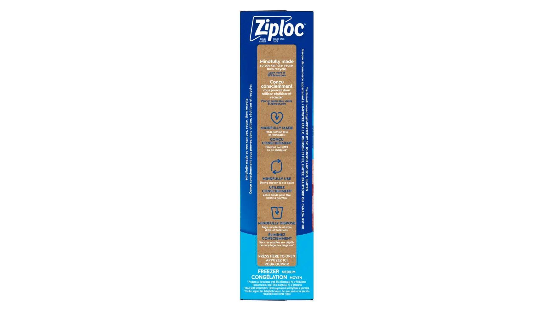 Top of Ziploc medium freezer slider bags box.