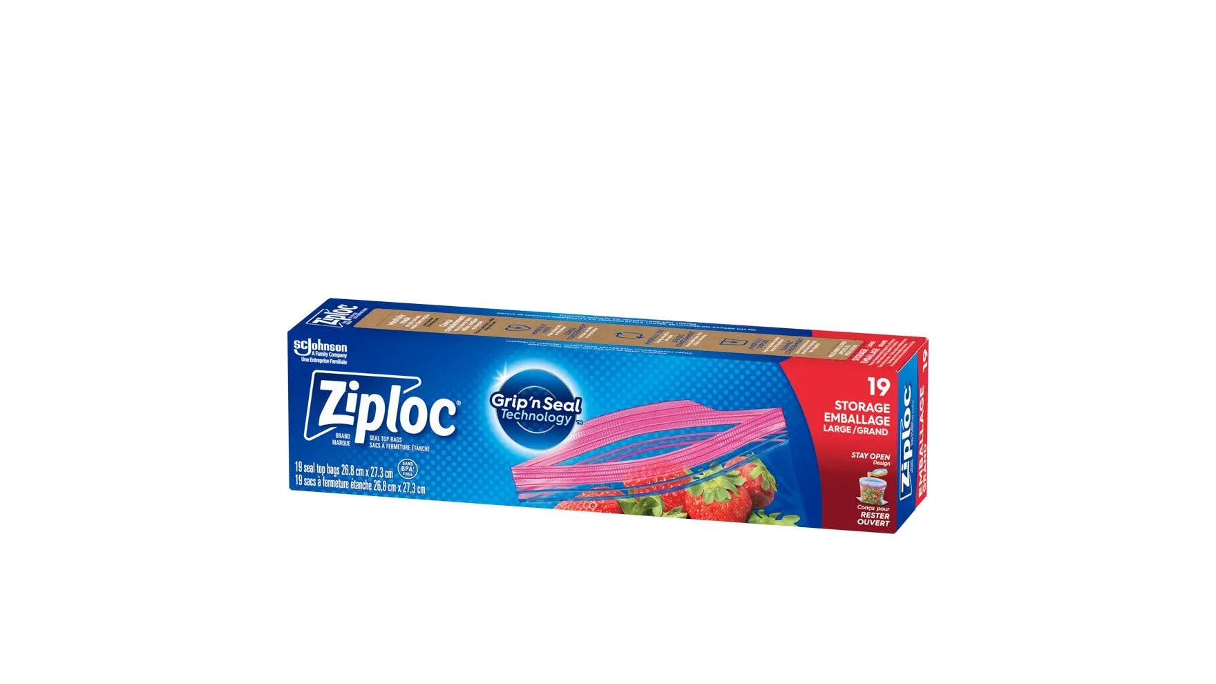Angle of Ziploc large storage bags box