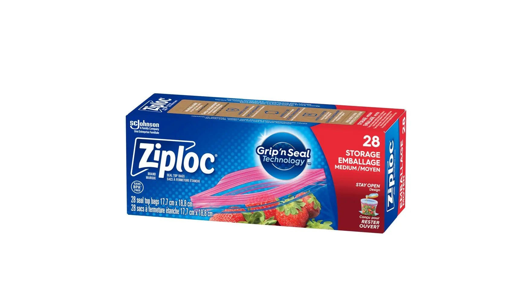 Angle of Ziploc medium storage bags box