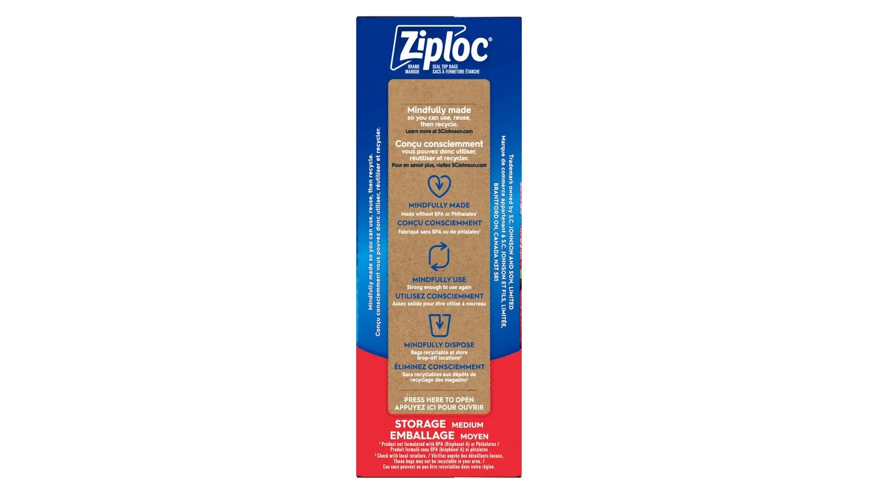 Top of Ziploc medium storage bags box
